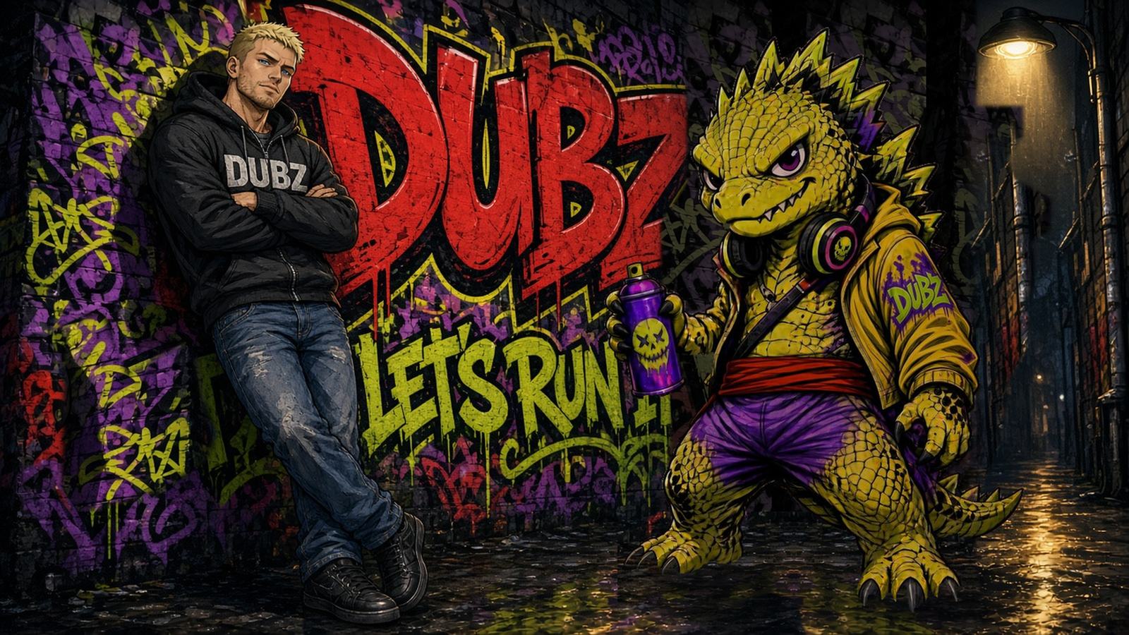 Kri5pydubz and Dubzilla chilling by a DUBZ graffiti wall